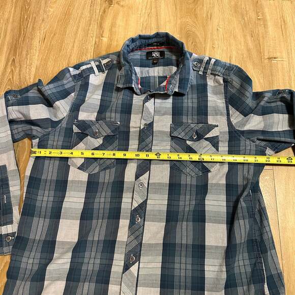ROCK & REPUBLIC Stretch Teal Gray Plaid Button Down Shirt Roll Tab Sleeve - Picture 5 of 8